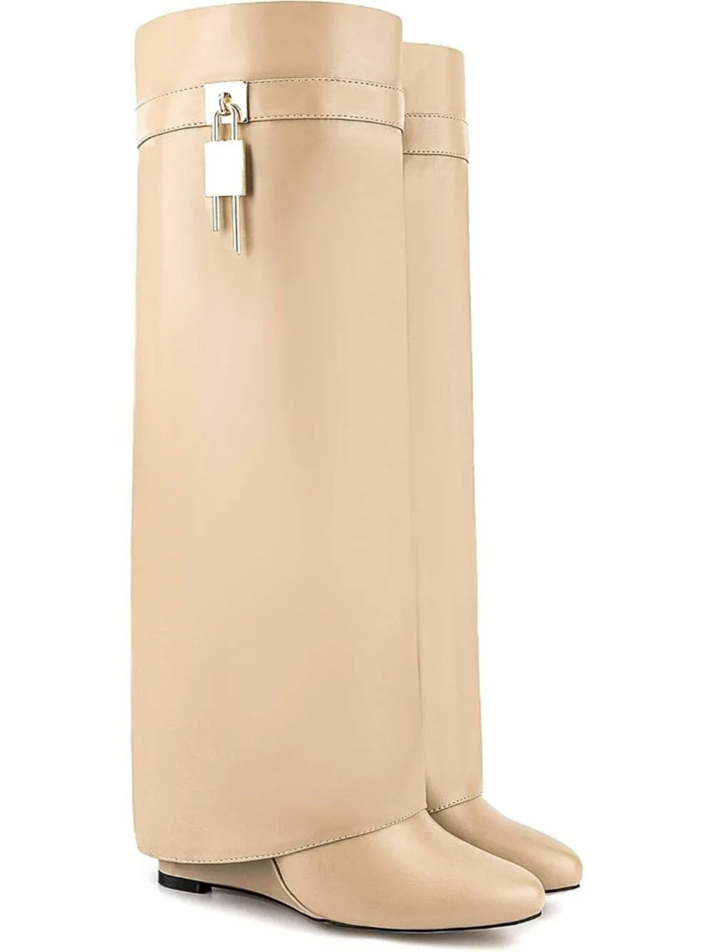 Women's Beige Pointy Pull-on Side Zipper Padlock Fold Over Knee High Boots